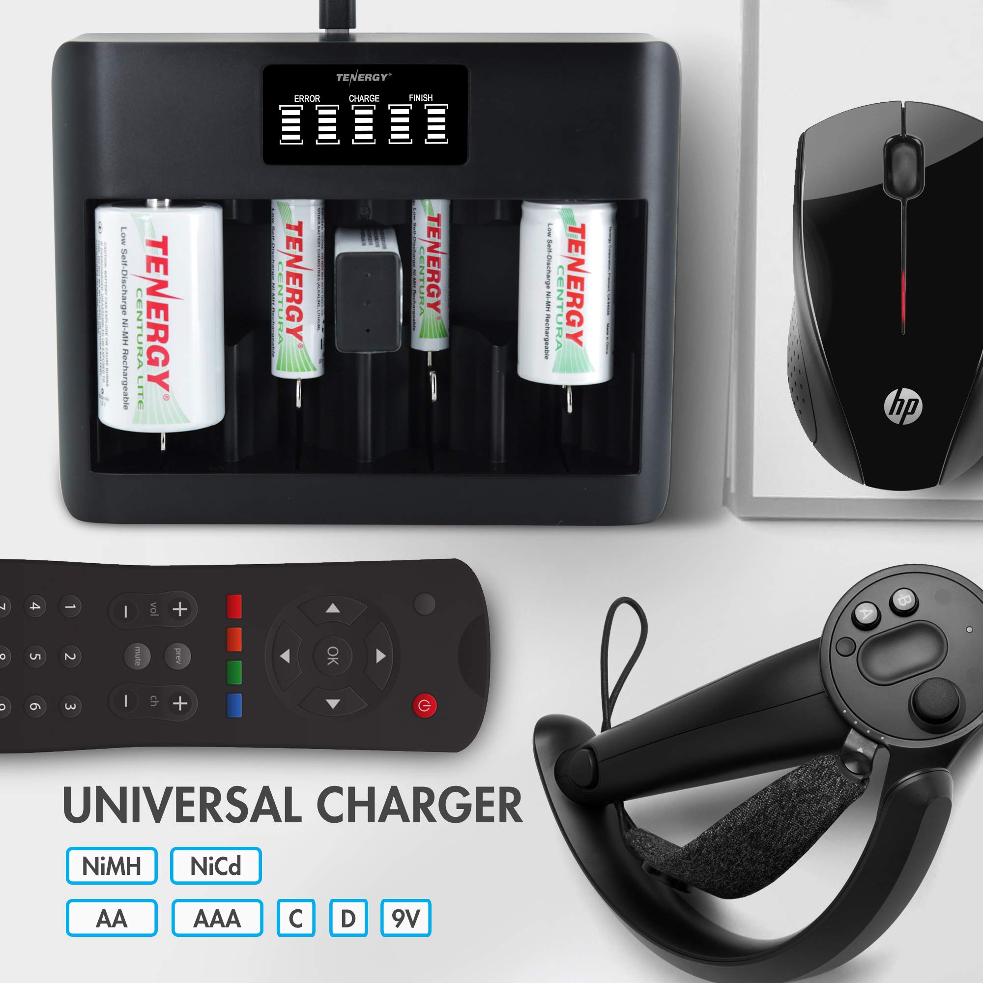 Tenergy TN486U Cargador de batería Universal de 5 bahías con LCD, Entrada Micro USB/Tipo C, para baterías Recargables AA, AAA, C, D y 9V