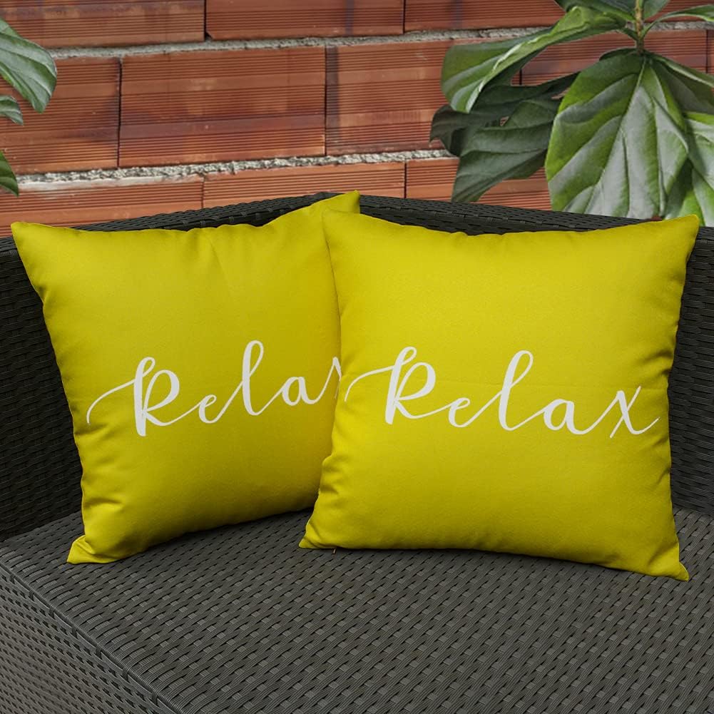KRINGSIA Pack of 2, Relax Outdooor Waterproof Throw Pillow Covers, Square Decorative Garden Cushion with Quotes & Sayings for PatioTent Couch (18x18 inch, Yellow)