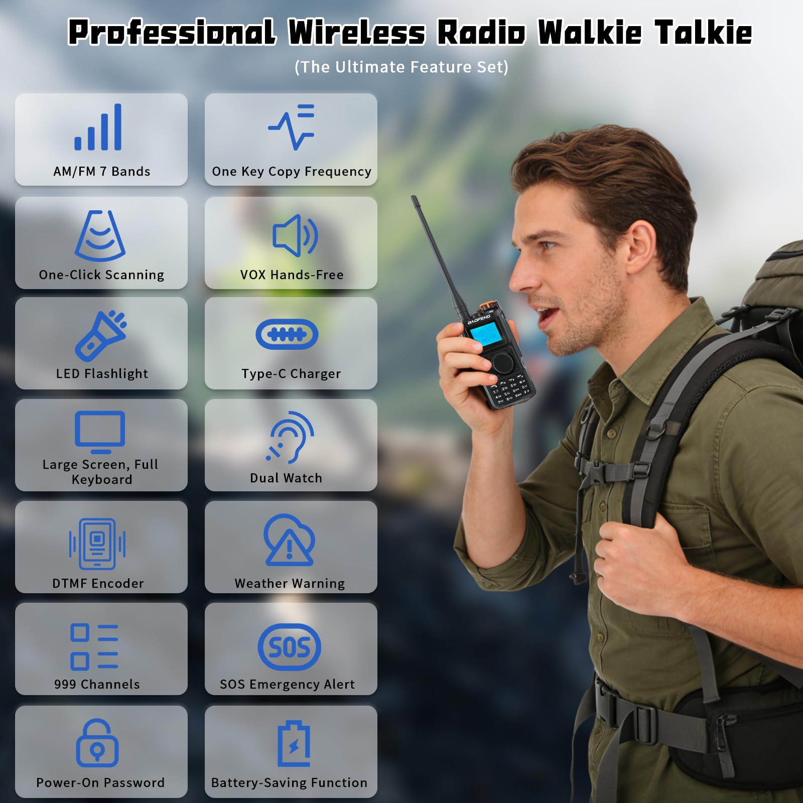 EU-K6 Walkie Talkie - Multi-Band Two Way Radio with Air Band Monitor, FM Radio, 2600mAh Type-C Battery, 8W High Power, VOX Hands-Free, SOS Emergency Alert, Weather Alert, for Camping Hiking & Work — view 5