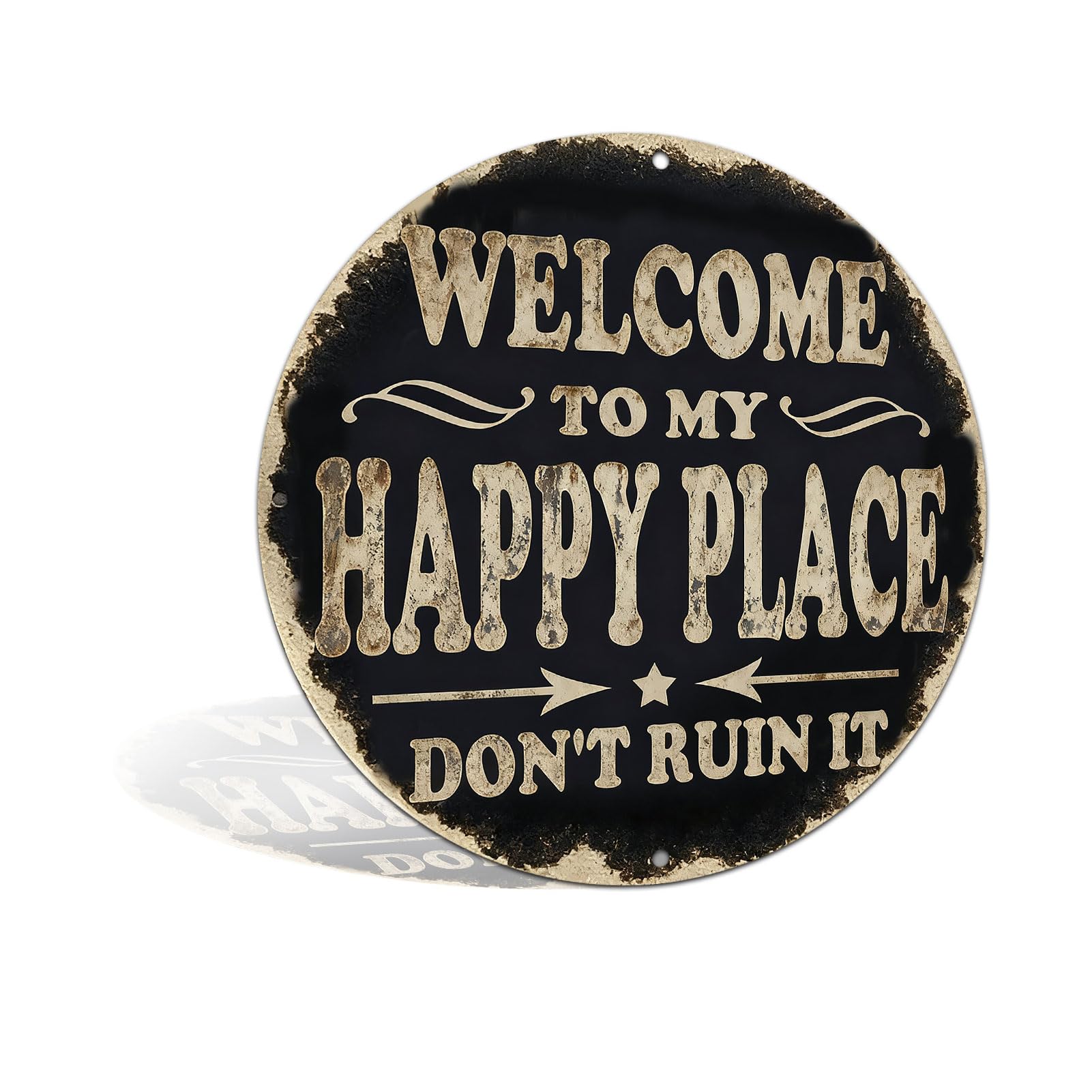 Welcome to My Happy Place Funny Vintage Metal Sign for Home Front Door Cafe Bar Club Deck Yard Porch Wall Decor 8x8 Inch Round Aluminum Decor Sign (25175)