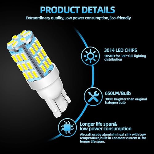 Miniatura 8 de Bombillas LED 921 194 168 175 T10 de color blanco frío, paquete de 20 unidades, superbrillantes de 42-SMD LED de repuesto de 12 voltios para