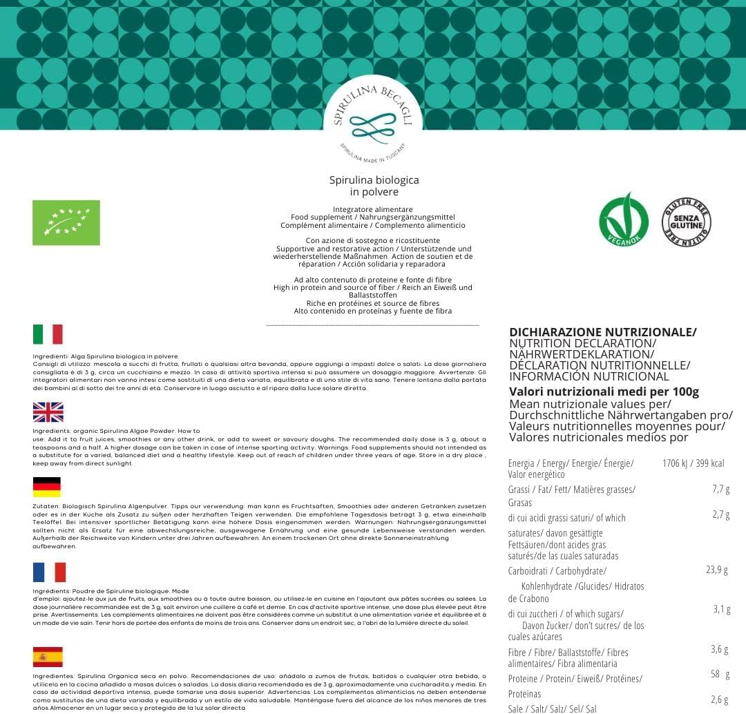 Severino Becagli Spirulina made in Tuscany Spirulina Becagli-Alga Spirulina Essiccata in Polvere-100% Biologica Made in Italy ricca di Ficocianina-Bio-Ok Vegan-Prodotto in Toscana (100 gr.)