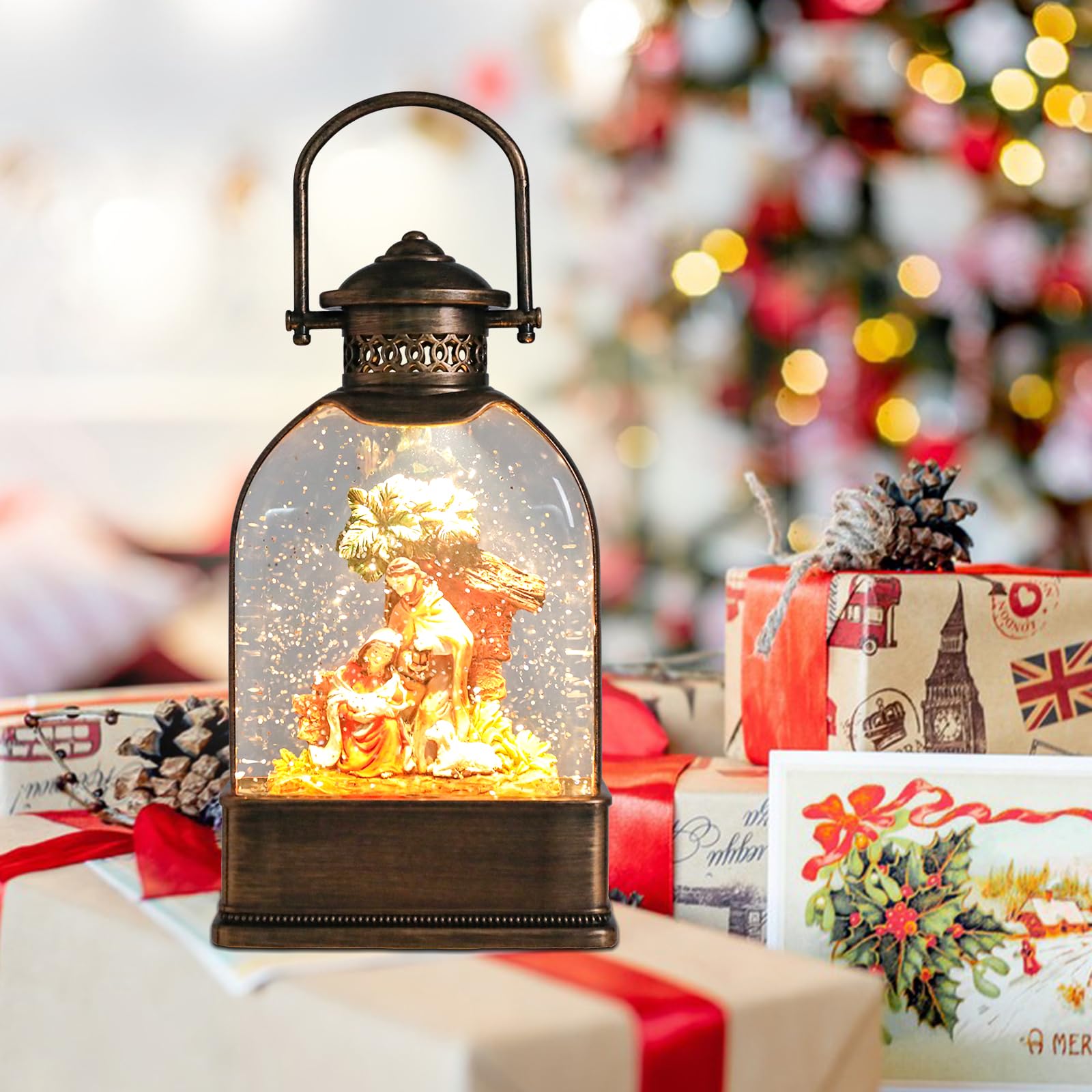 Taman Boule à neige pour crèche de Noël avec lumière musicale et paillettes | Boule à neige éclairée pour crèche de Noël avec lumières changeantes de couleur, musique, paillettes tourbillonnantes et 3