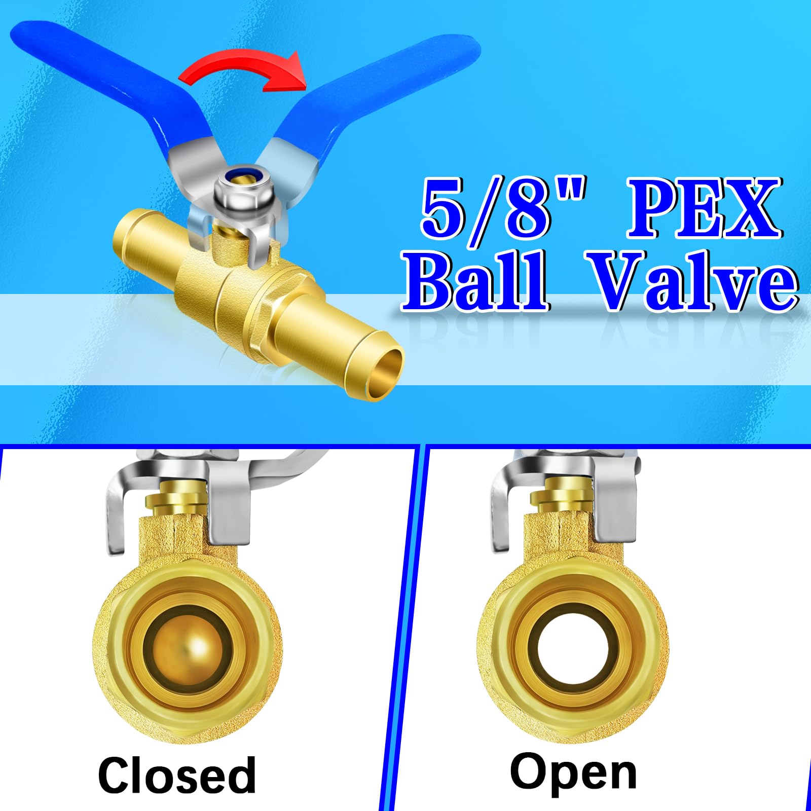 Válvulas de bola de cierre de manguera de calentador de 5/8 pulgadas, 2 válvulas de bola de latón con cierre de púas, válvulas de cierre PEX de 5/8 pulgadas para manguera de calentador, con 4
