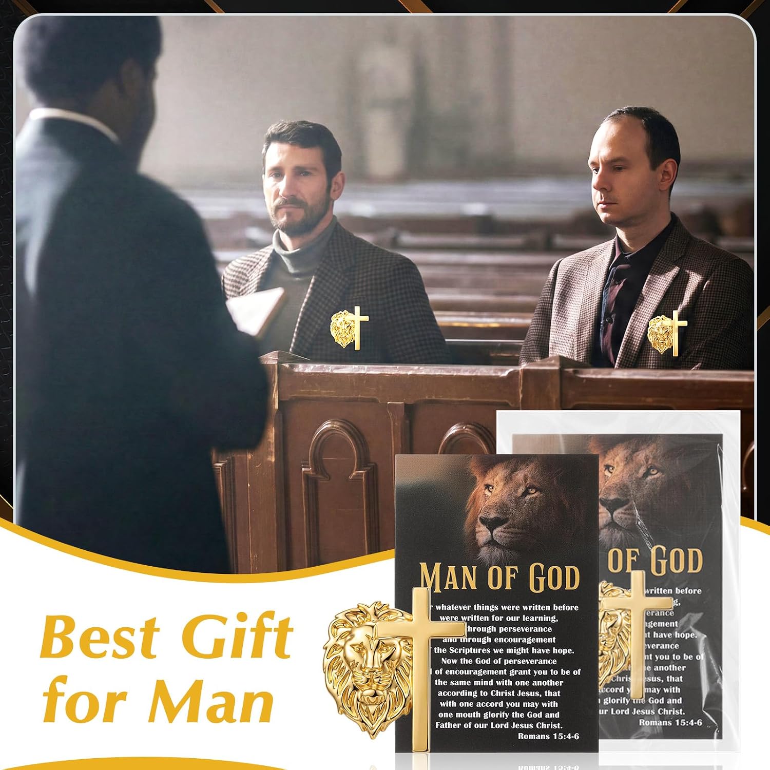 Retrowavy Man of God Gifts Father's Day Pins Lion-shaped Cross Pin Set with Christian Card Christian Fathers Day for Church, Father, Dad, Husband, Grandpa, Male Friends, Coworker
