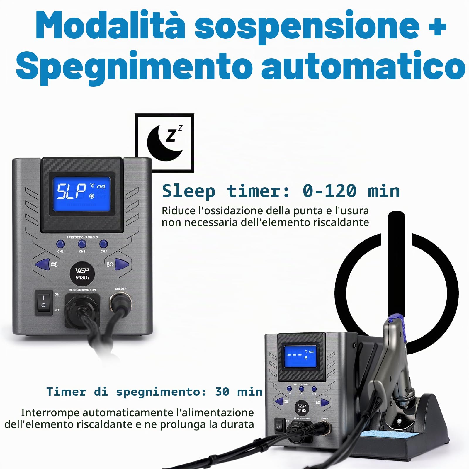 WEP 948D-I Stazione Dissaldante ad alta potenza da 110W con 4 ugelli per dissaldatura, controllo della temperatura con 3 canali preimpostati, display inclinabile, sicura ESD(EU)