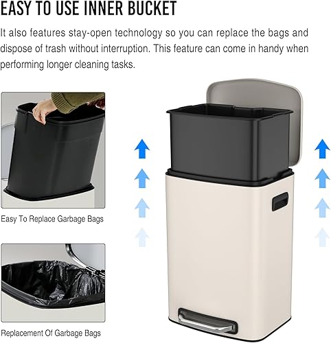 Miniatura 7 de Cubo de basura grande con pedal de 13 galones con tapa silenciosa de cierre suave, cuerpo grueso de acero inoxidable para basura de cocina, papelera