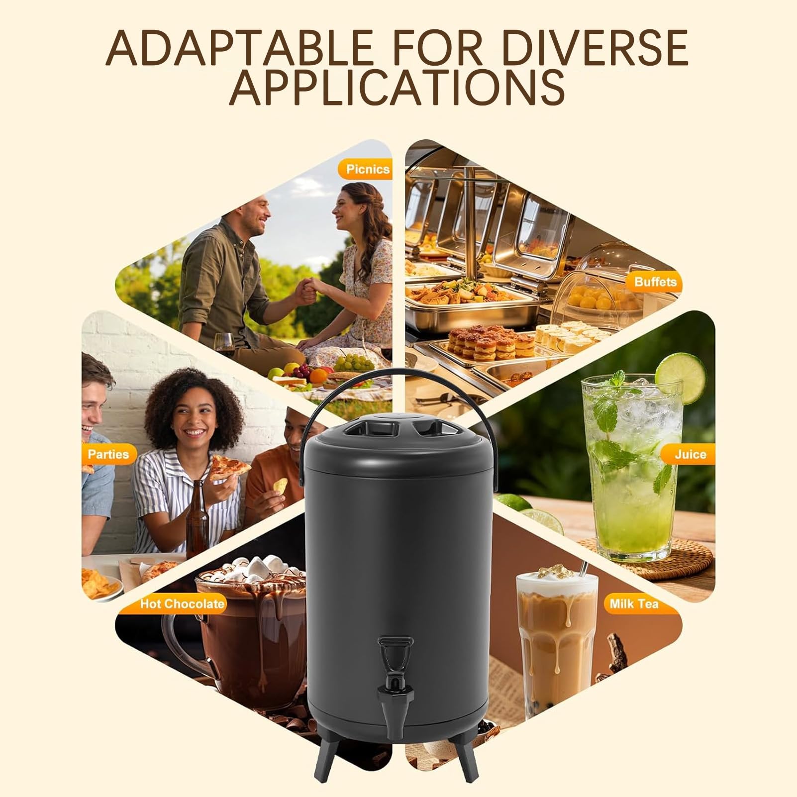 Dispensador de bebidas de acero inoxidable, doble pared de 10 litros para retención de calor y frío con grifo y asa, ideal para fiestas, camping, eventos al aire libre y bufés