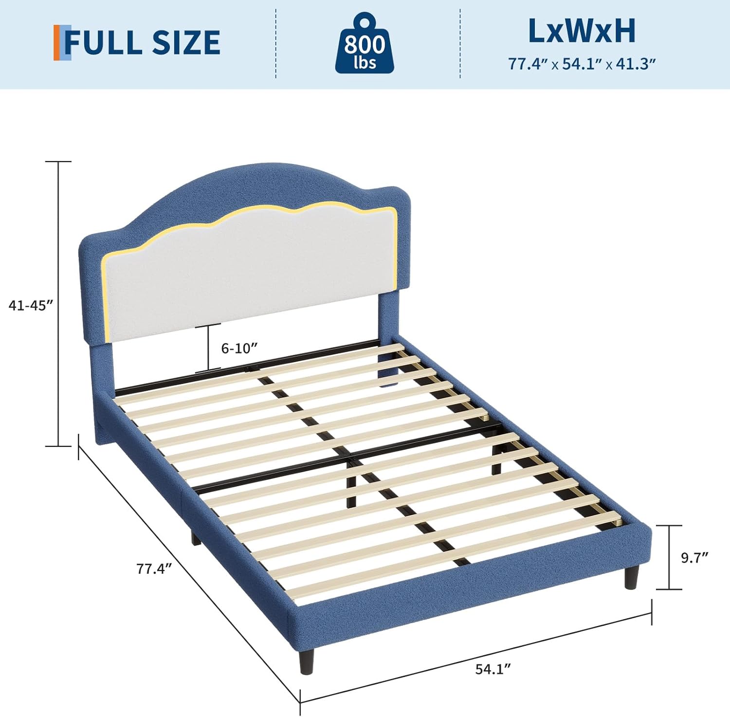 GarveeHome Full Size Bed Frame with LED Headboard for Kids, Sherpa Upholstered Platform Bed Frame with Wood Slat Support, No Box Spring Required, Easy to Assemble (Blue, Full)