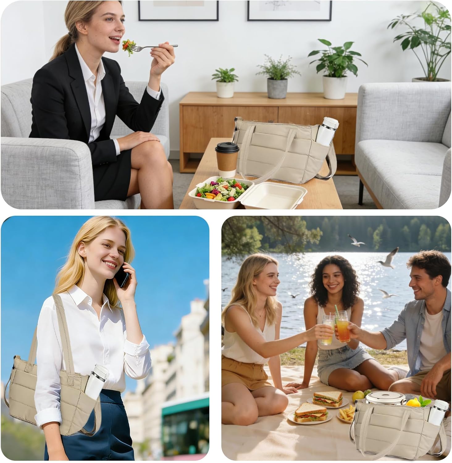 Lunch Bag Women Puffy Quilted Tote Bag Stylish Insulated Lunch Tote Bag with Large Capacity and Shoulder Strap Portable Lunch Cooler Bags for Women, Work Office, Travel, Picnic, Meal Prep - Image 6