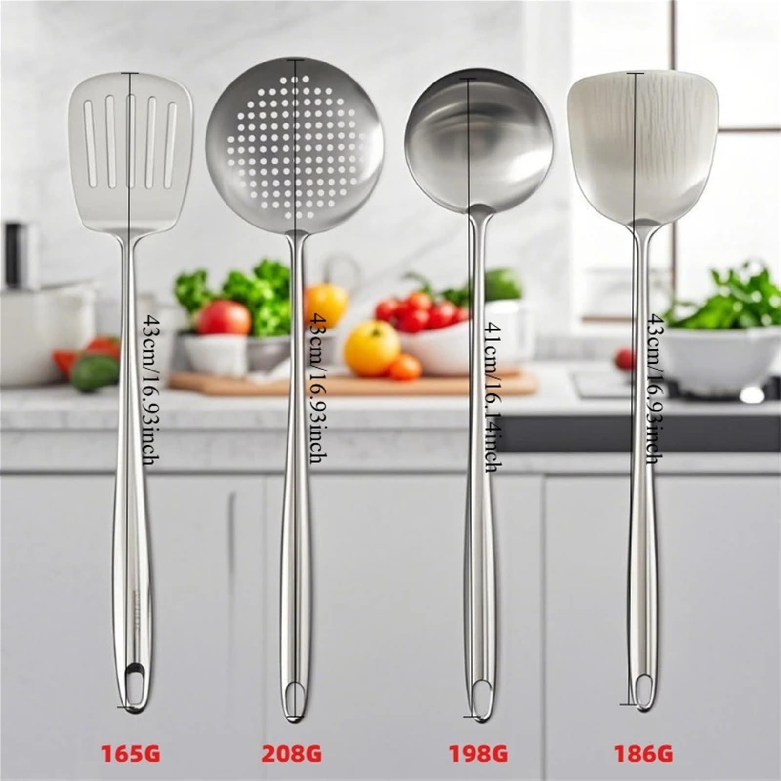 2PCS 316 Edelstahl Wok Spachtel Metall küche utensilien Schlitz Turner Löffel Schöpfkelle Kochen Werkzeuge Utensil Set Küche Zubehör für Antihaft-Kochgeschirr(Size 2)