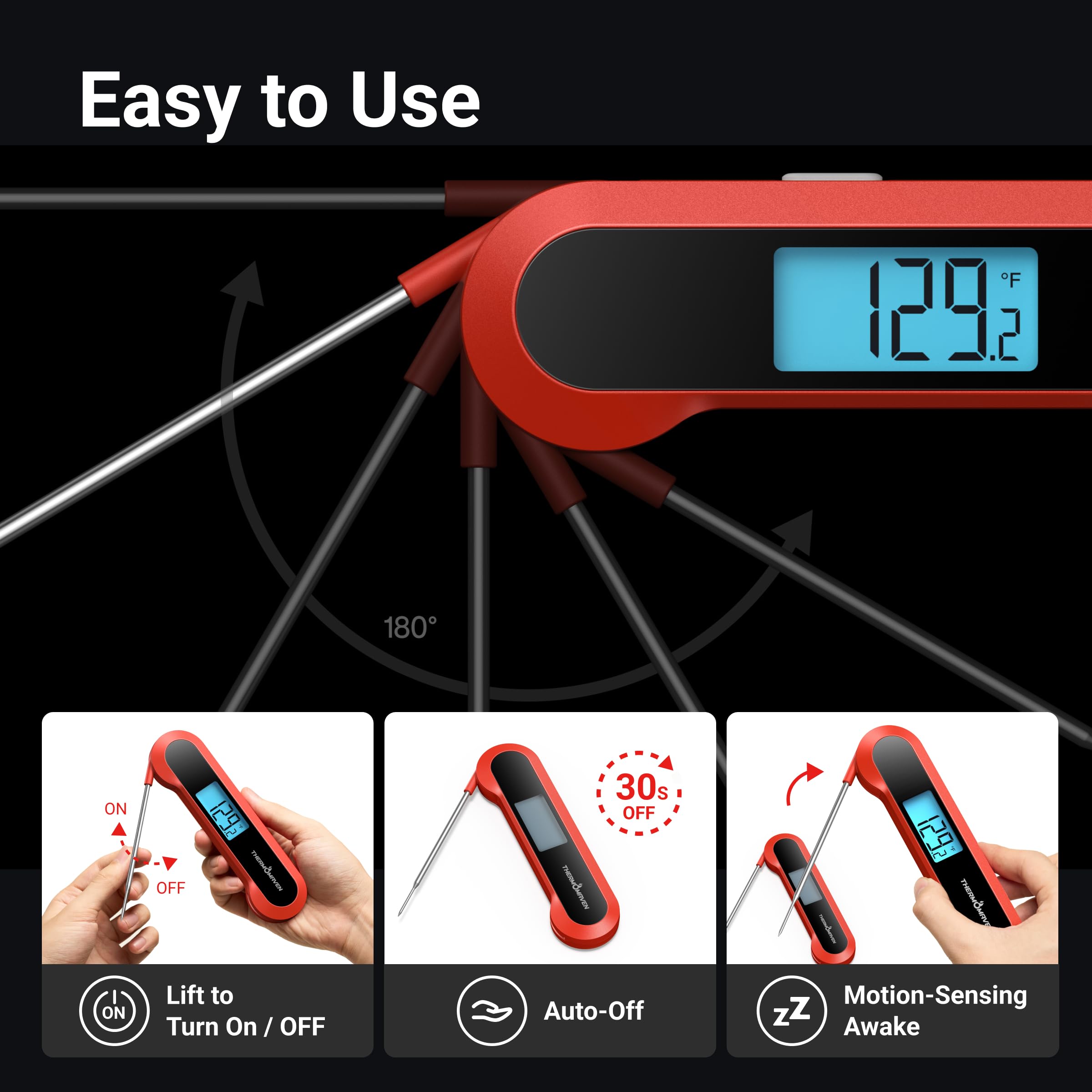 Thermomètre numérique professionnel à lecture instantanée de 0,5 seconde, certifié NIST de ± 0,5 °C, rotation automatique, grand écran LCD, thermomètre de cuisson 100 % étanche pour gril, barbecue