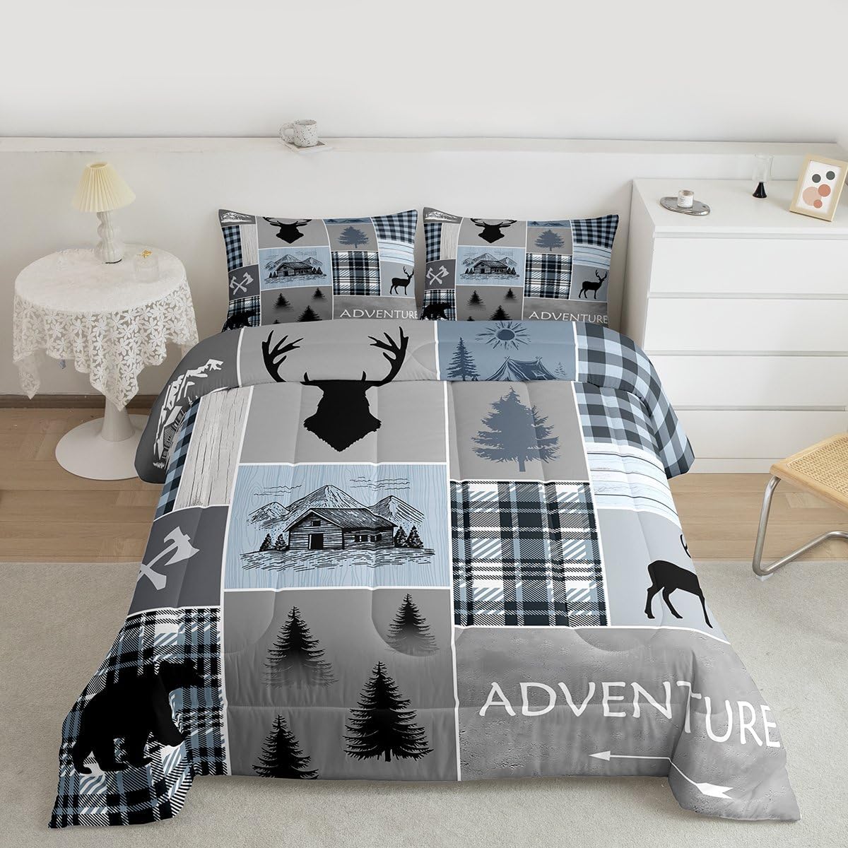 Cabin Comforter Set Bear Deer Rustic Lodge Bedding Set Queen Size For Kids Teens Adult, Camper Wild Animal Quilt Plaid Check Adventure Farmhouse Down Comforter Country Cowboy Hunting Decor, Blue Gtey