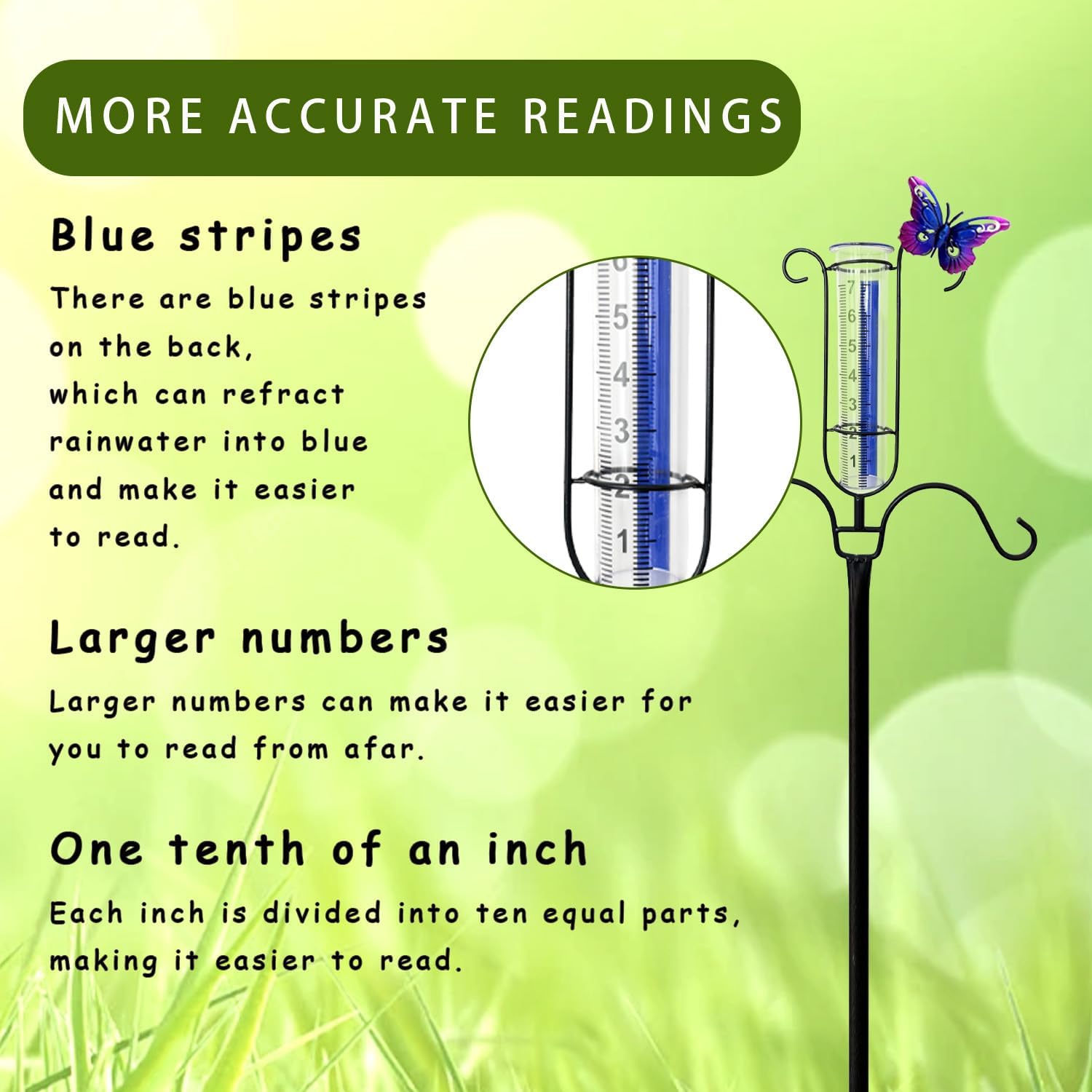 61" Shepherds Hook with Rain Gauge Outdoor, 5-Prong Metal Rain Gauge Stake with Blue Stripe & Large Numbers, 3/4 Inch Thick Tall Shepherds Hooks Bird Feeder Pole for Yard Garden Decor