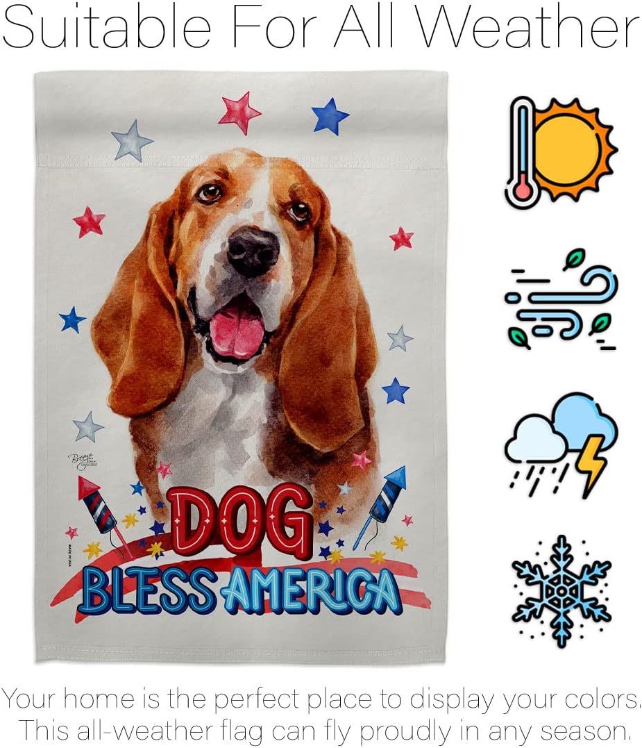 Breeze Decor Patriotic Basset Hound House Flag Dowel Set Dog Puppy Spoiled Paw Canine Fur Pet Nature Farm Animal Creature Decoration Banner Small Garden Yard Gift Double-Sided, Made in USA