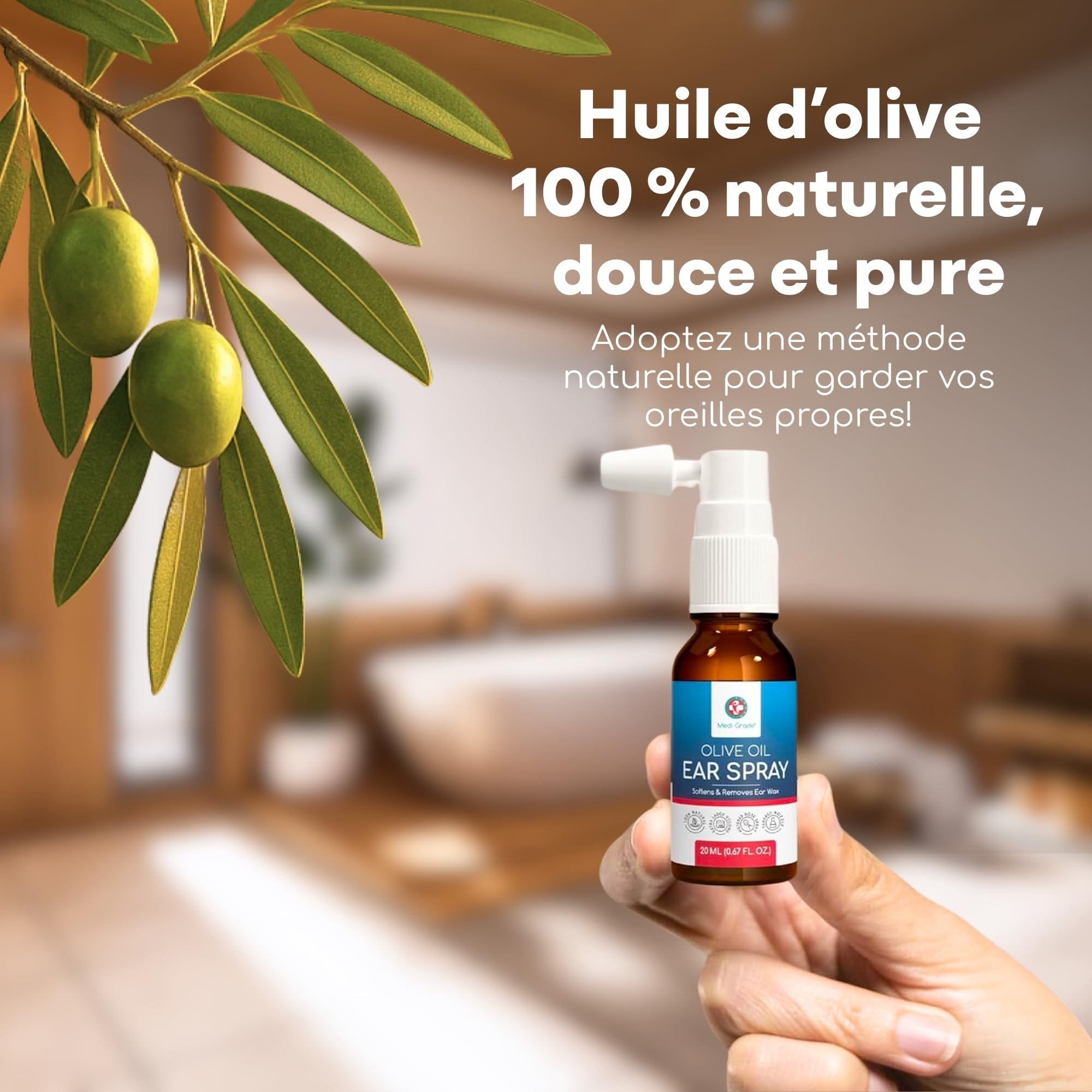Medi Grade Spray d'Huile d'Olive pour Oreilles Bouchées 20ml – Auriculaire 100% Naturel qui Adoucit, Élimine l'Accumulation de Cérumen – Plus de 50 Vaporisations, Nettoyant