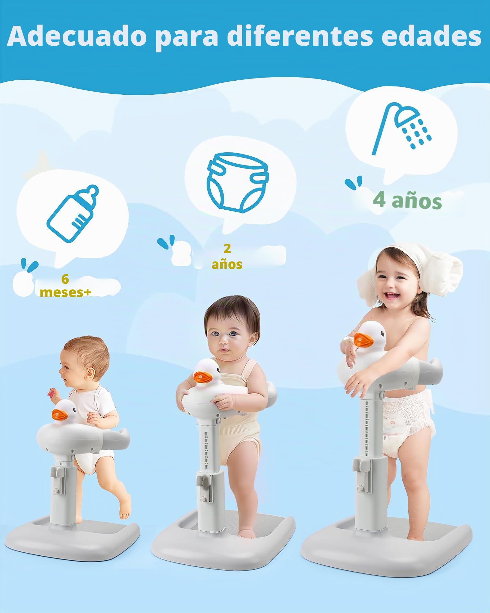 Altura ajustable para la bañera de bebé con asiento: ducha de pie con asiento para niños a partir de 6 meses – Base antideslizante y diseño de pato ayuda a la ducha infantil