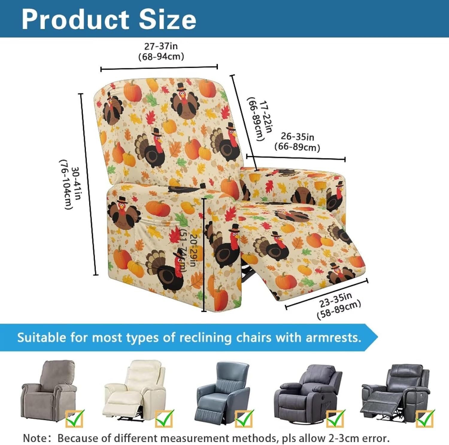 FOR U DESIGNS Turkey Pumpkin Leaves Chair Cover for Recliner with Storage Pockets 4-Piece Stretch Slipcover Washable Furniture Protector for Living Room Sofas Thanksgiving Decorations