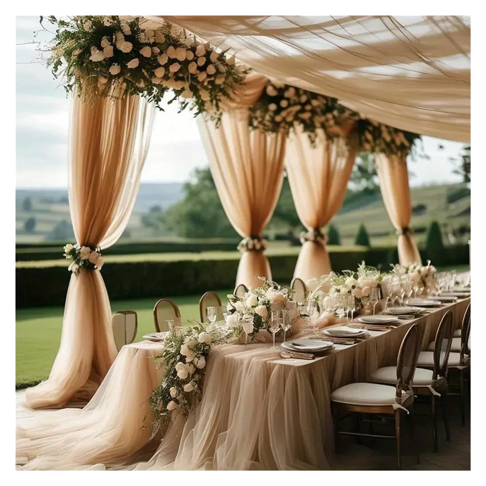 DeckenvorhäNge FüR Hochzeitsfeiern 50 m Überlänge, transparenter Champagner-Tüll – DIY-Party, Hochzeit, Bogendekoration, Deckentischläufer, Schal, Gaze-Volant-Dekor(Champagne)