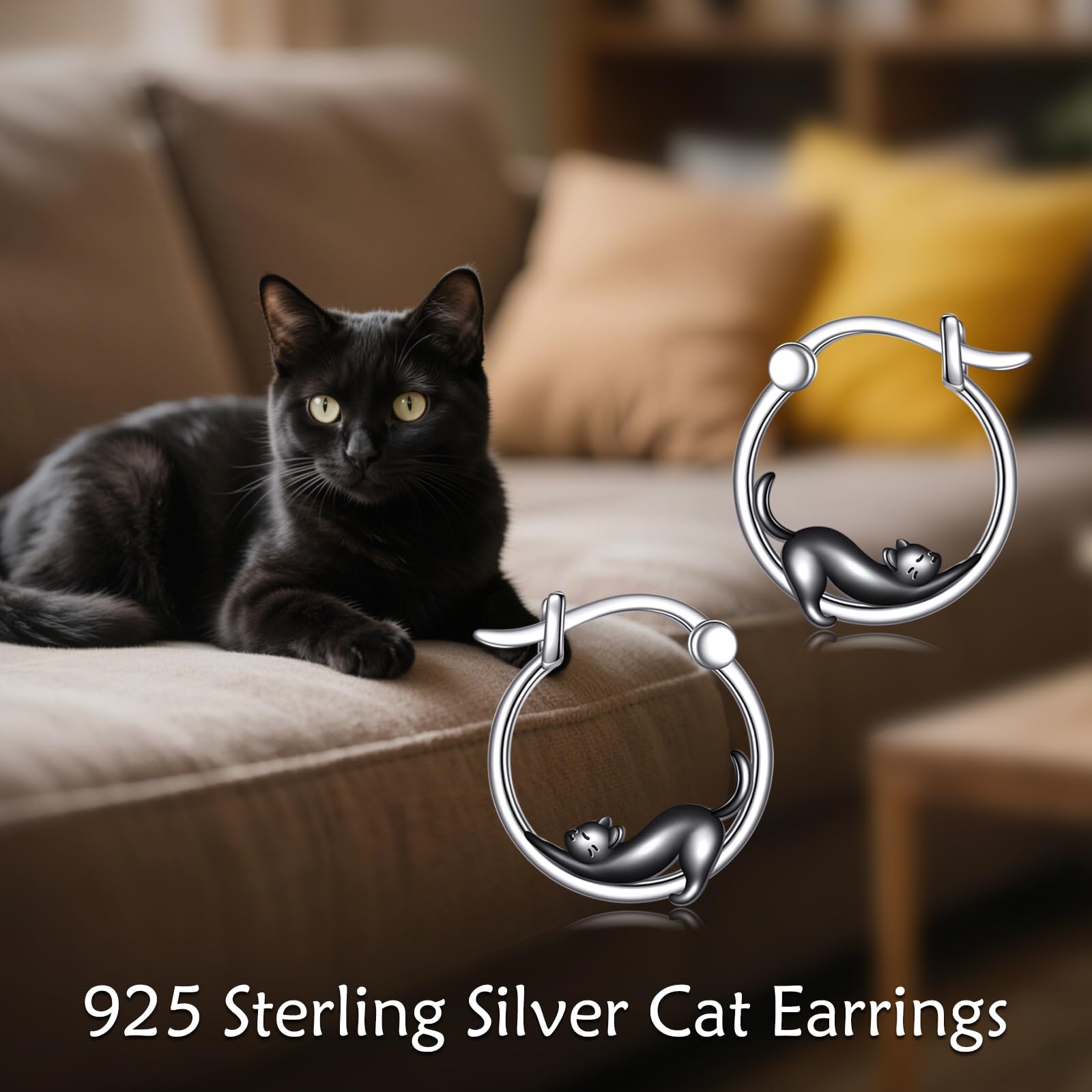 Orecchini a cerchio in argento Sterling 925 con gatto nero – graziosi orecchini con piccoli animali – regalo per donne che amano i gatti