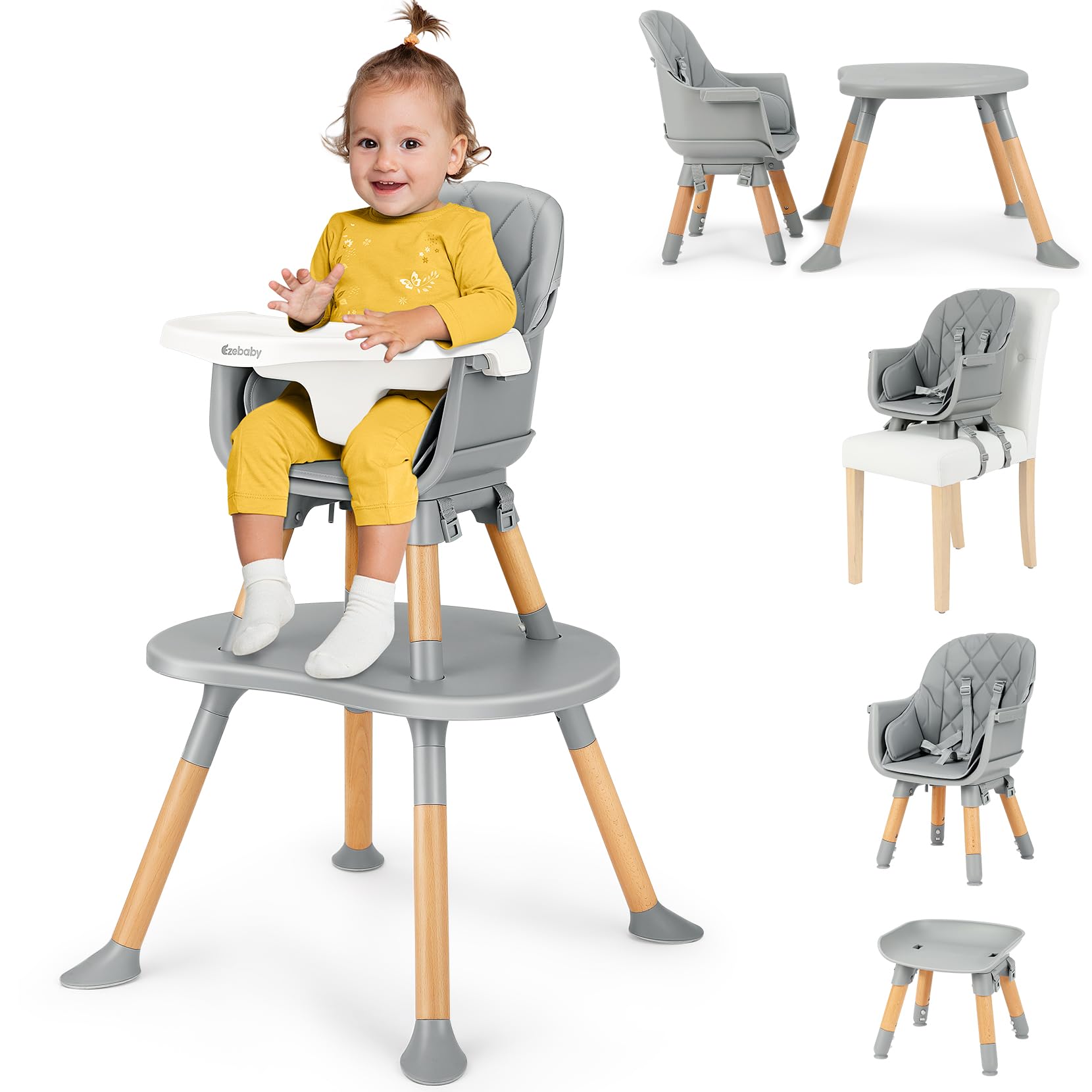 Ezebaby 8-in-1 Baby High Chair, Convertible High Chair for Babies and Toddlers/Booster Seat/Toddler Chair/Table & Chair Set/Kids Stool, Wood Highchair
