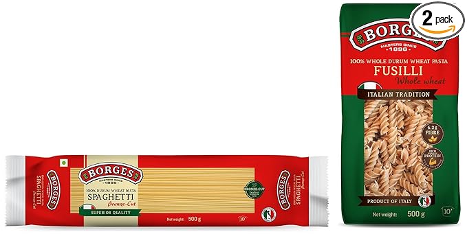 High Protein, fiber, Trans Fat Free and Cholesterol Free Whole Wheat Fusilli Pasta (500 grams) & Borges Spaghetti Durum Wheat Pasta, 500 Grams