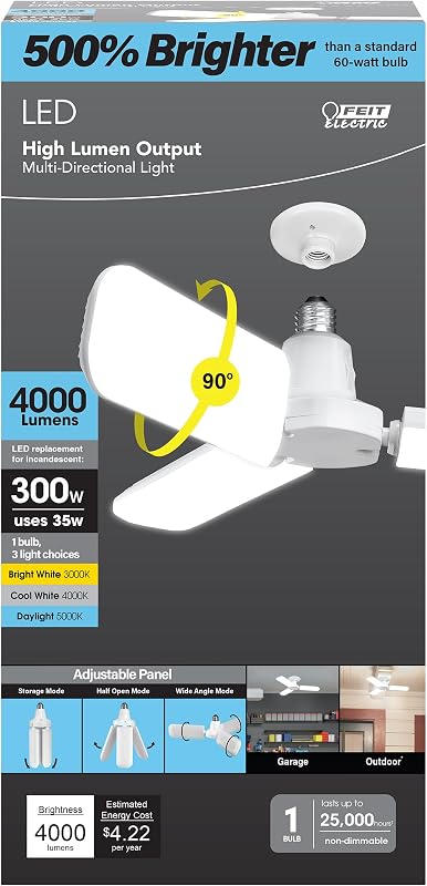 LED Garage Light, Multiple Adjustable Panels, E26 Base, Ideal for Garage, Workshop, Shed, 25,000-Hour Lifetime