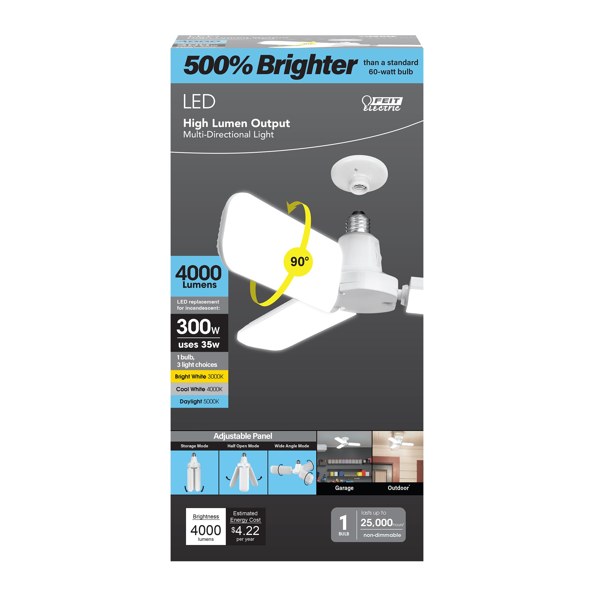 Feit Electric LED Garage Light, Multiple Adjustable Panels, E26