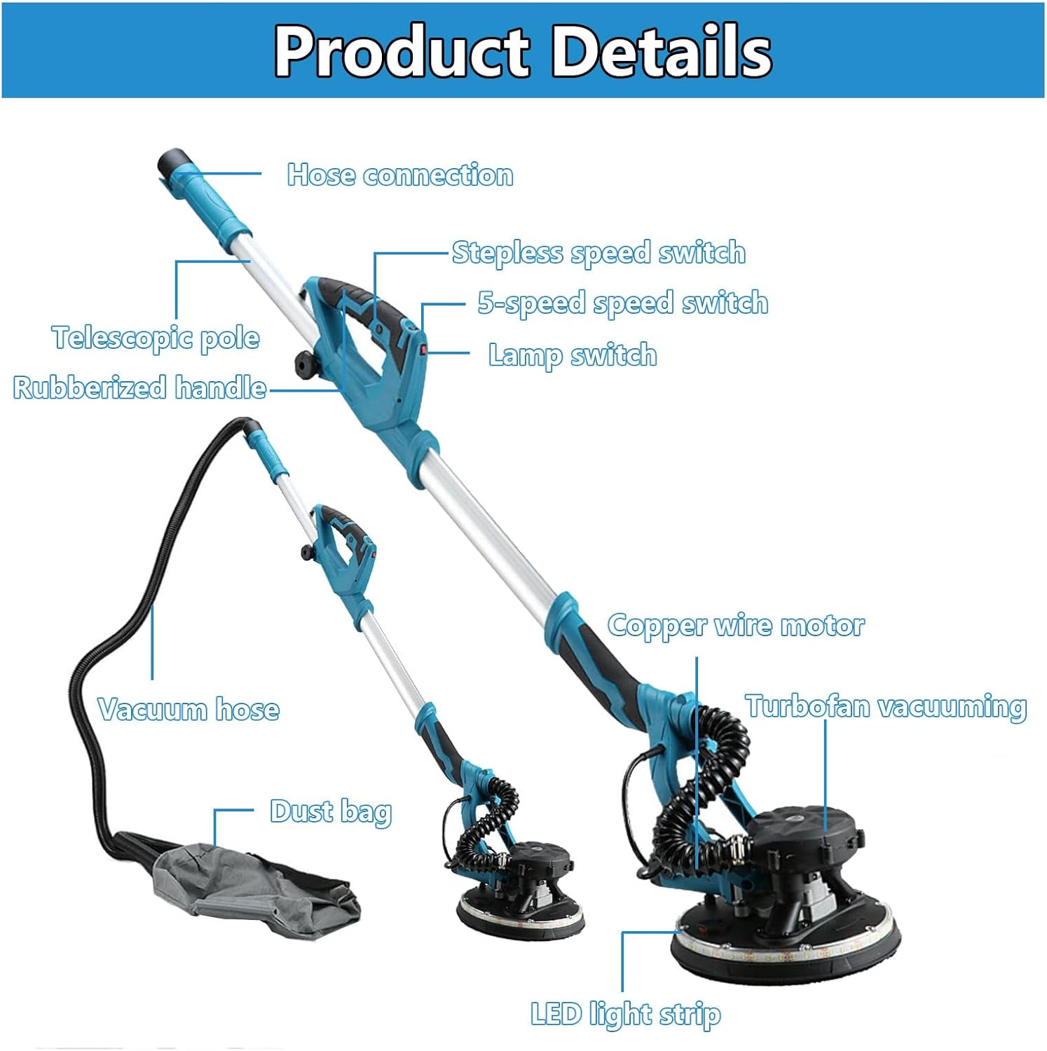 Power 850W Wal Sander, Built-in Dust Extractor, 5-Speed Control (800-1800RPM), 9-inch Sandpaper,Shock-Resistant Handle,Folding Handle for Clean, Efficient Sanding