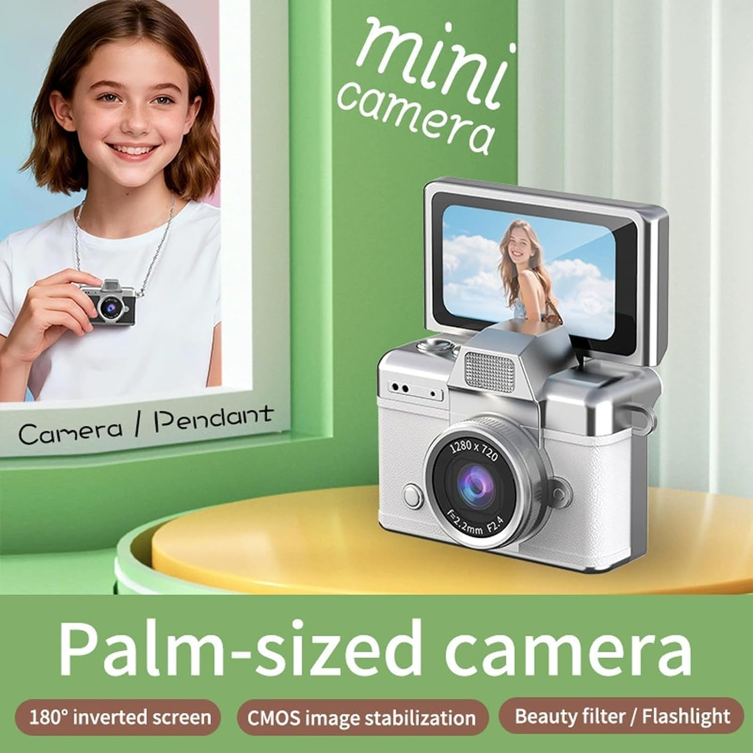 2026 New Mini Digital Camera with 1.47 in LCD Screen 1080p, Mini Keychain Retro Camera, with 32/64GB Card, Flip Screen, Built-in Flash, Strap and Keychain, for Travel & Daily Use (32G,Purple)
