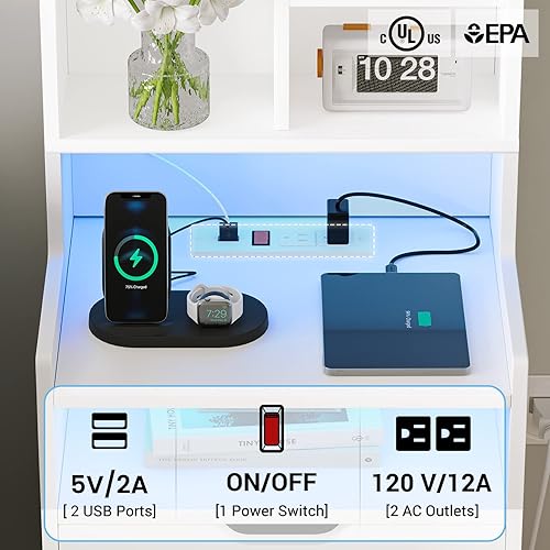 Miniatura 4 de ADORNEVE Juego de 2 mesitas de noche altas, mesita de noche LED con estación de carga, mesita de noche con estantería y cajones, mesas auxiliares