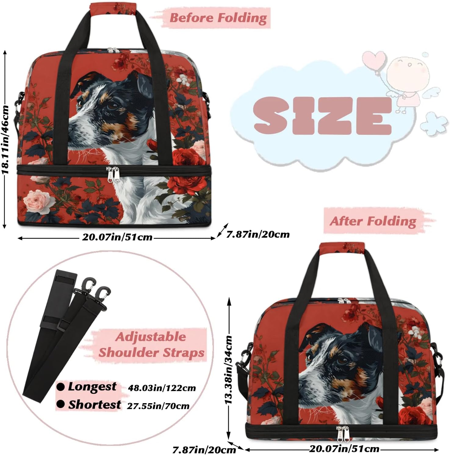 Sports Duffel Bag, Foldable Cute Dog Travel Duffel Bag, Gym Yoga Beach Bag Weekender Overnight Bag with Shoes Compartment for Men Women, Dog Rose