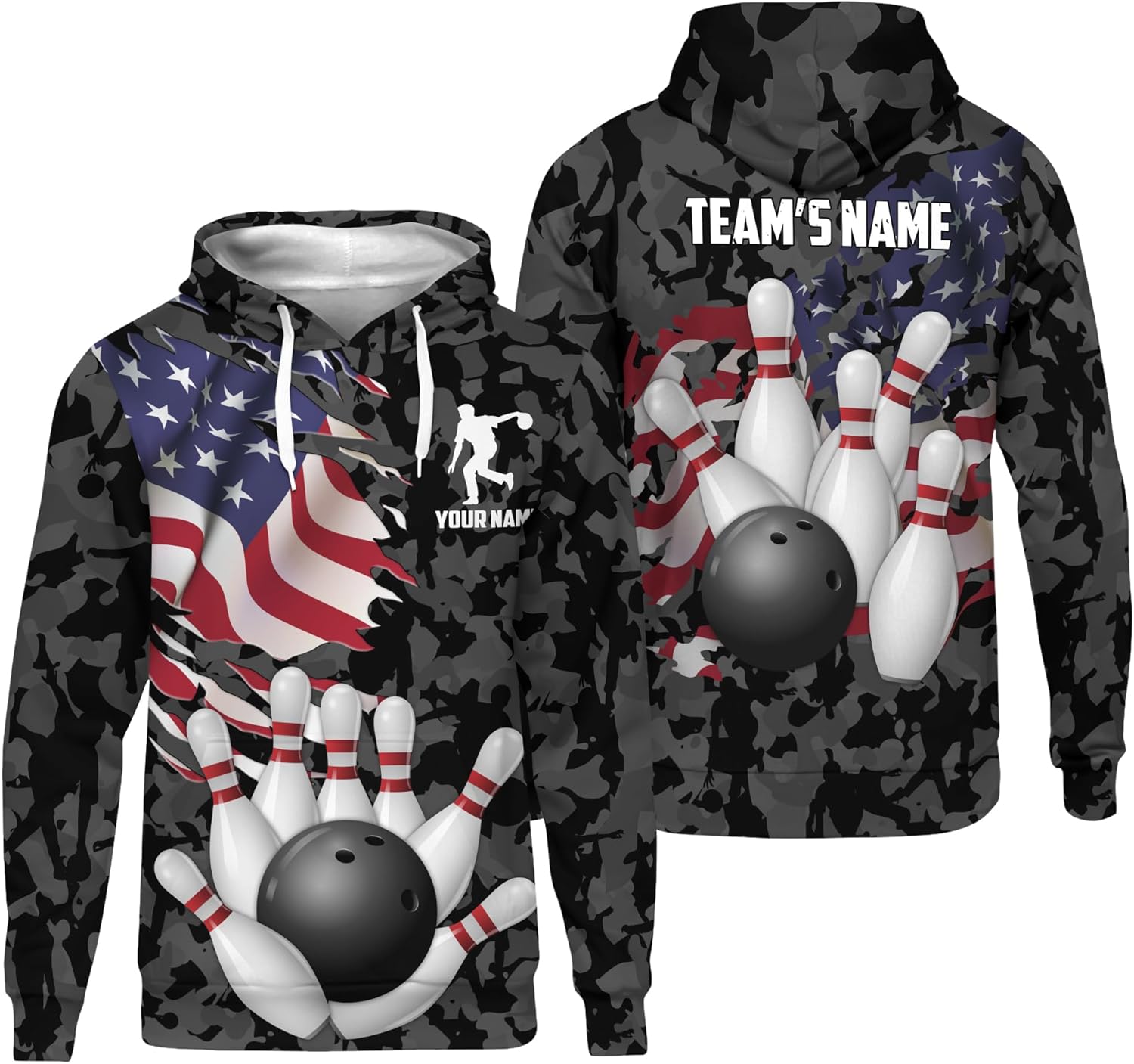 Unisex Bowling Hoodie Custom Usa Camouflage Bowling Lover Long Sleeve Shirt Print Bowling Related Clothes