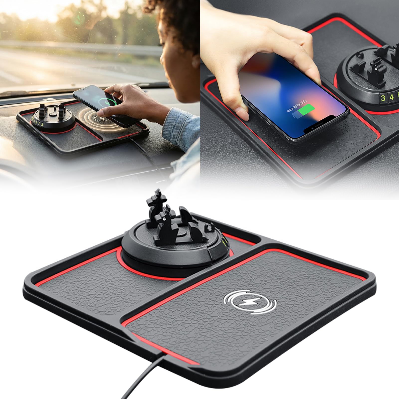 Caricatore da auto wireless e supporto per telefono con base antiscivolo rotazione a 360 gradi per tutti i telefoni