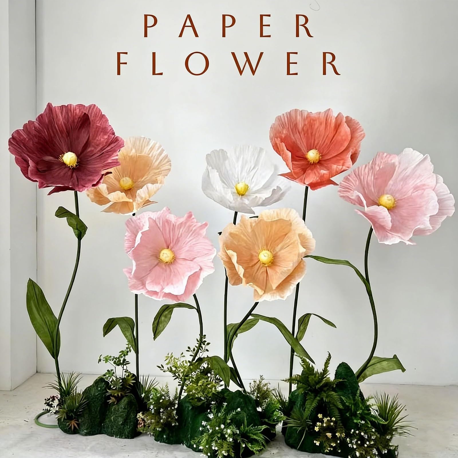 Riesiger Künstliche Blumen‑Mohn 1,8M Große Papierblume mit Basis und Biegsamem Stiel Handgemachte Blumendekoration für Hochzeitshintergrund, Schaufenster, Fotobox, Frühlingsparty(White)