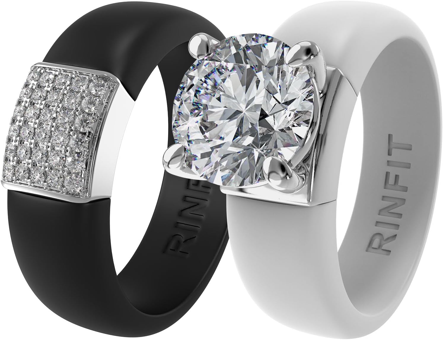 Rinfit Silicone Ring Set for Women - Round Cut Cubic Zirconia Solitaire Ring & Rubber Wedding Band with CZ Stones - Patented Design