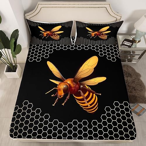 Erosebridal Honey Bee - Sábana bajera ajustable tamaño matrimonial, color negro y dorado, diseño geométrico de panal de abeja, juego de ropa de cama