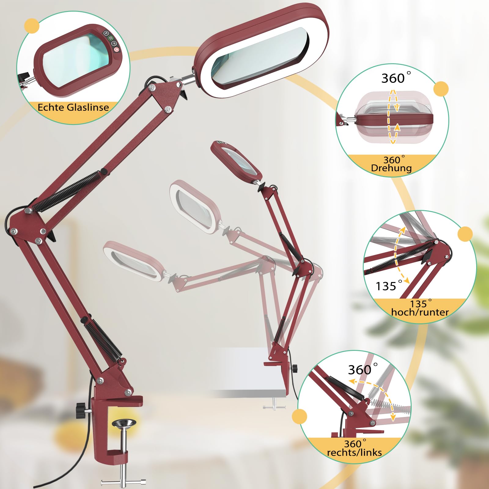 10 lupas con luz y abrazadera, cristal auténtico, lupa de iluminación con soporte de cristal, 5 modos de color y regulable sin niveles, lámpara de escritorio LED, manos libres, para manualidades