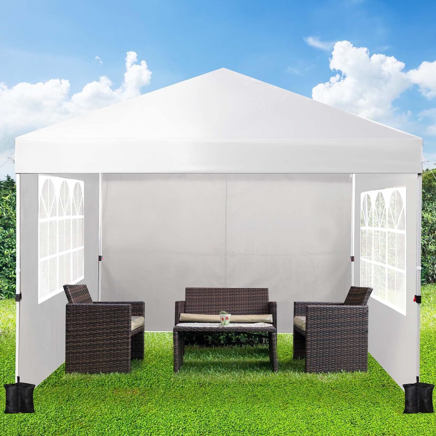 Gazebo with Sides 3m x 3m, pop up gazebo with 4 Weight Bags Adjustable Height Waterproof Garden Gazebo 210D Oxford PVC Pop up Gazebo with Sides Outdoor Garden Canopy Party Wedding Camping Tent (White)