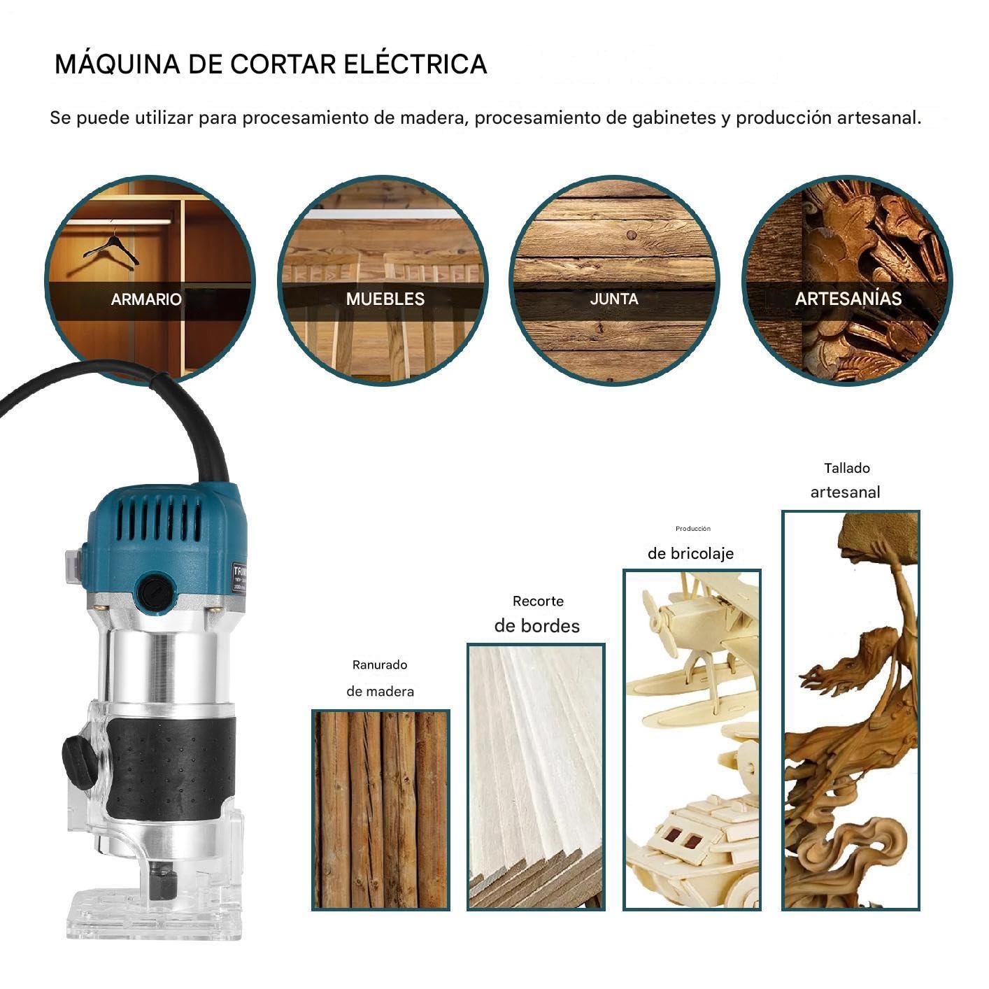 Fresa Para Madera 800W | Herramienta Eléctrica De 40000 RPM Con 6 Velocidades | 15 Fresas De 1/4" + Accesorios | Cortadora De Precisión Para Trabajo En Madera Y