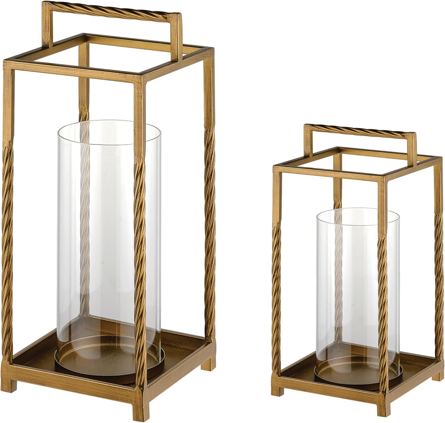 Set 2 Modern Metal Lantern with Twisted Rope-style Frame In Antique Brass with Glass Hurricane For Pillar, String Light. Centerpiece, Mantel, Ambient Lighting, Farmhouse, Transitional, Patio, Entryway