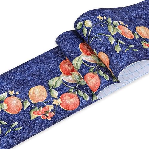 701 - Papel tapiz de frutas para despegar y pegar, borde de pared de hojas florales en relieve 3D, 4.2 pulgadas x 16.4 pies, color azul, moldeado