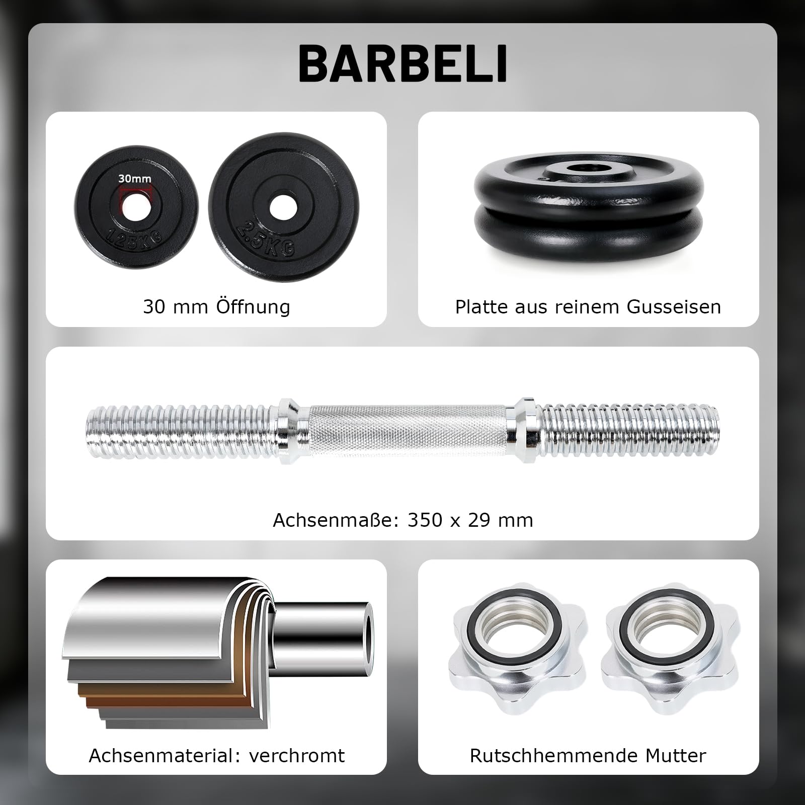 Hantelset 10 kg | 15kg | 30kg Einzelhantel - Hanteln Set - Stange 30 mm - Kurzhanteln Frauen und Männer - Hantel Set - Gusseisen Kurzhantelset - Kurzhantel