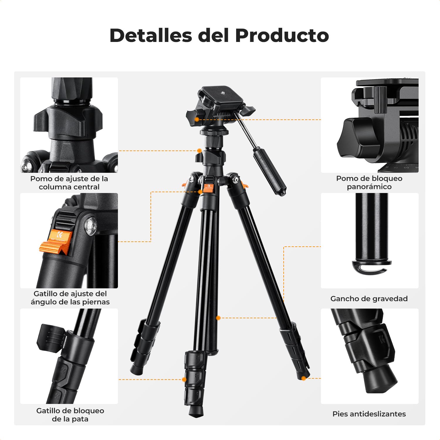 K&F CONCEPT Trípode Cámara 196cm | Cabezal Giratorio de 3 Vías, Inclinación +100°/-70°, Carga 4kg, Con Soporte para Teléfono, O234A3+BV01