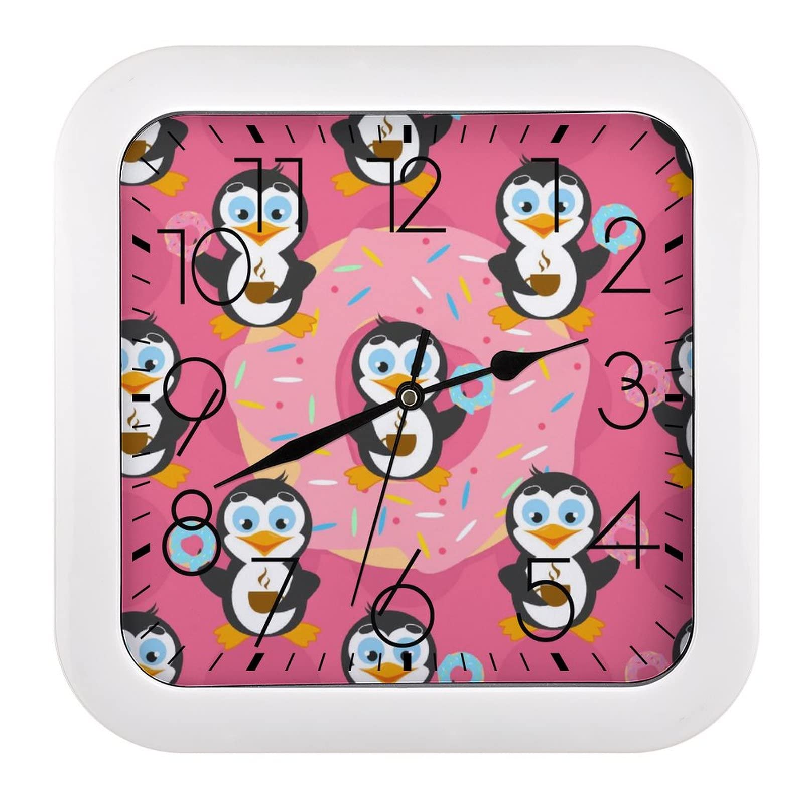 Horloge murale carrée pingouin 26x26cm à grands chiffres pour décoration de cuisine