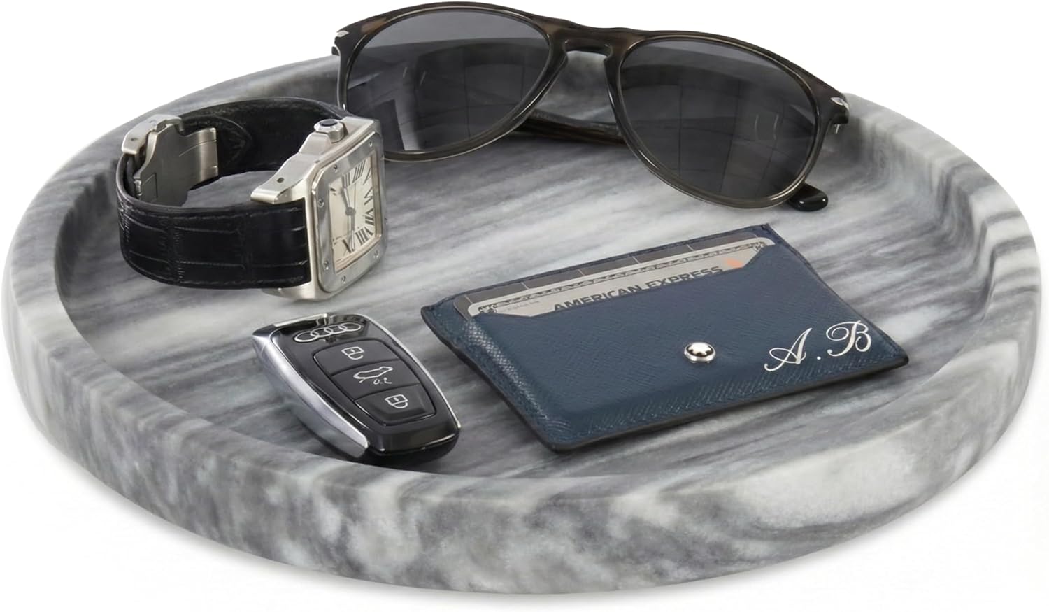 Bey-Berk Robbie Round Grey Marble Tray and Catch-All, 10" Diameter Organizer, Modern Stone Accent