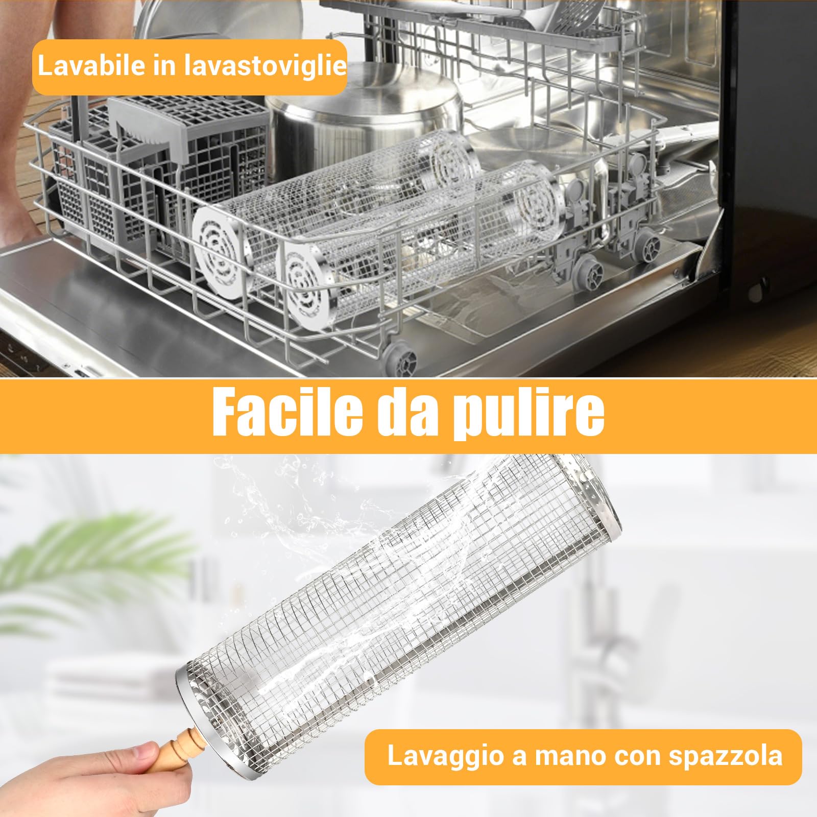 Cestini per Grigliare Rotante 2 Pezzi Cestello per Grigliate Acciaio Inox con Manico Rimovibile Cesto per Barbecue, Accessori per Barbecue All Aperto per Verdure e Gamberi