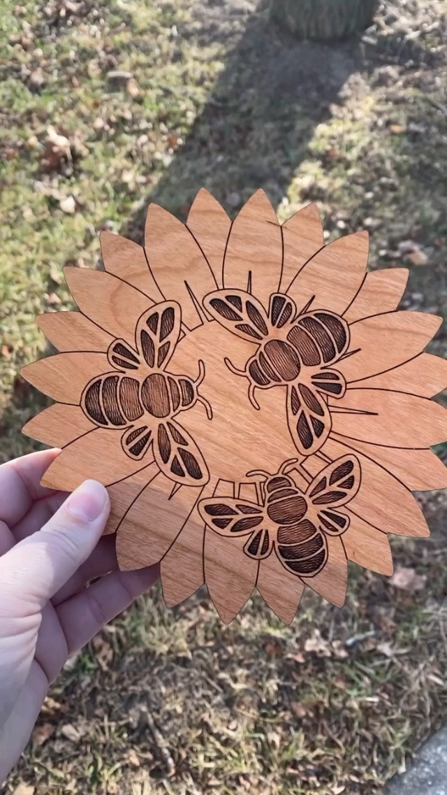 Handcrafted Honey Bees On Sunflower Wood Trivet - Solid Cherry Hardwood 6" Kitchen Protector