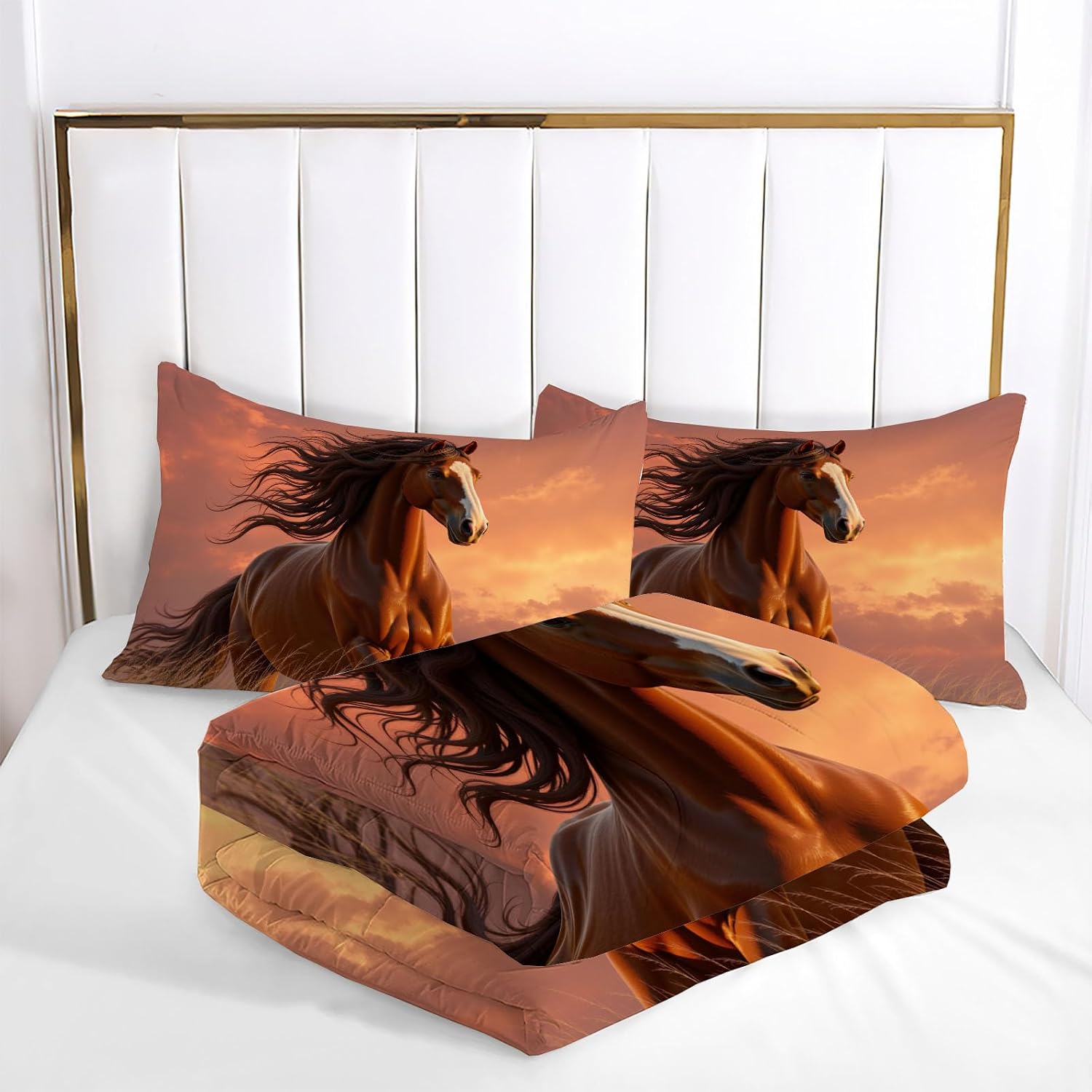 Natural Animals Comforter Set King Size, Sunset Horses Bedding Set for Girls Boys, Brown Quilt Bed 104"X90" Bedding Comforter Sets with 2 Pillowcase Room Decor