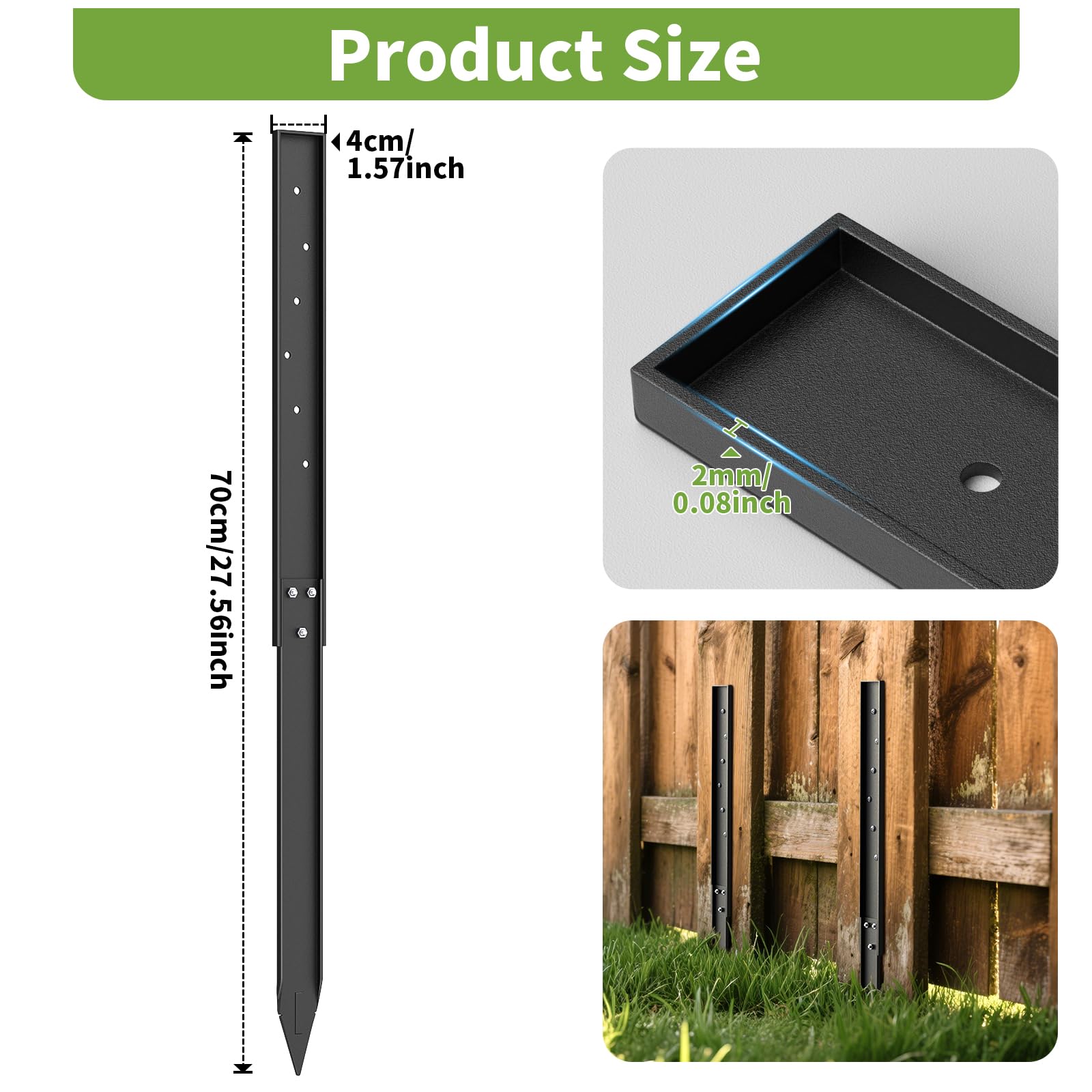 KHAMAL Fence Post Repair - 2 Pack Fence Post Stakes Ground Spike for Broken Wood Fence Post Quick and Simple to Install (Black) - Image 2